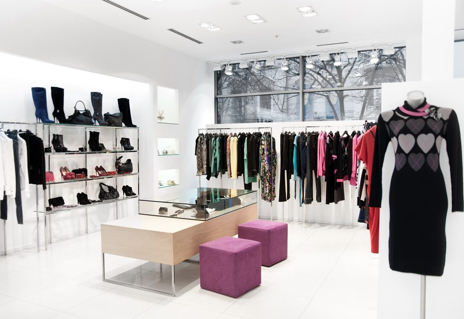 Interior of shopping. Clothing sales point women